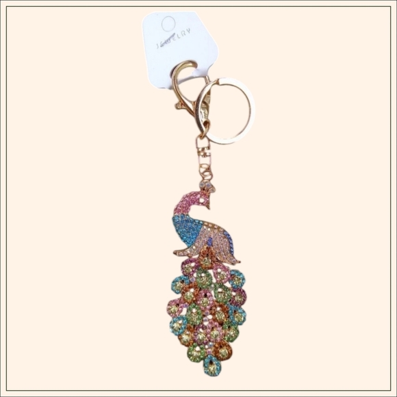 Peacock NEW Bag Charm Key Ring KeyHolder Approx Measure. 6in X 2in Rhinestones - Picture 3 of 8